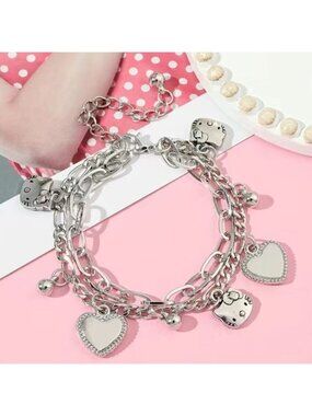 Hello Kitty Silver Layered Hearts Charm Bracelet – Elegant & Adjustable
